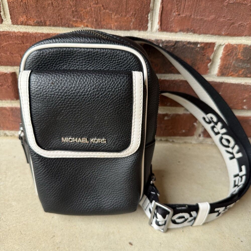 Michael Kors Cooper Pebbled Leather Sling Pack Black White Trim